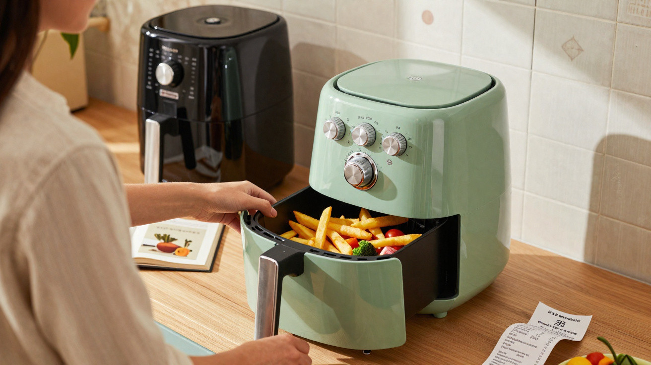 Person removing fries from a green air fryer on a wooden kitchen countertop with a black air fryer beside it.