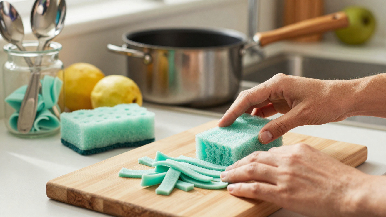 Hands cutting a green kitchen sponge on a wooden board with kitchen utensils and fruit in the background.