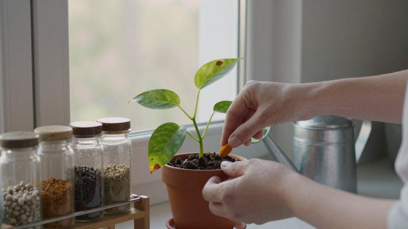 Person planting a seed in a small potted plant on a windowsill with jars and watering can nearby.
