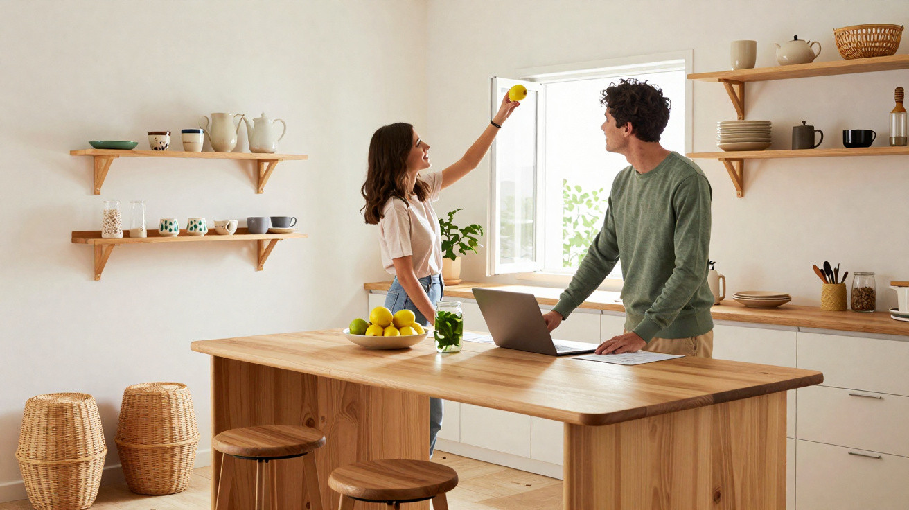 Couple in a bright kitchen with wooden furniture, woman holding a lemon near an open window, man using a laptop.