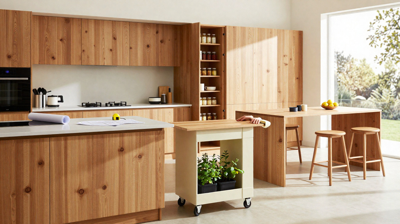 Modern kitchen with light wood cabinetry, a movable island with herbs, and a breakfast bar by a large window.