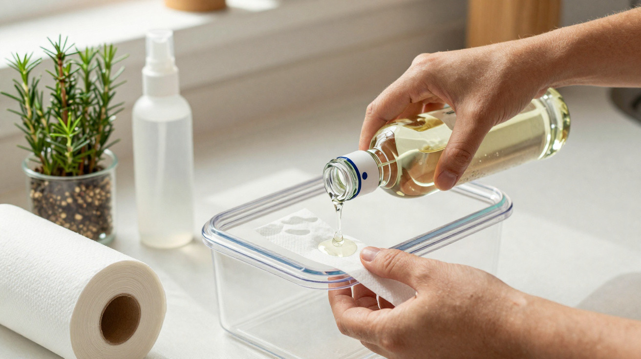 Person pouring clear liquid from a bottle onto a paper towel on a kitchen counter beside a plastic container.