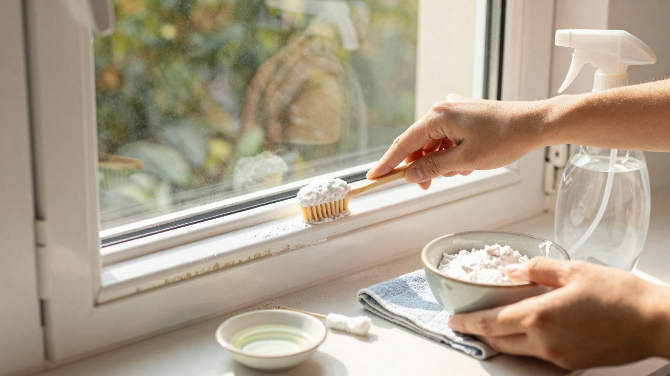 Person cleaning window frame with baking soda and a brush next to a spray bottle and cloth on windowsill