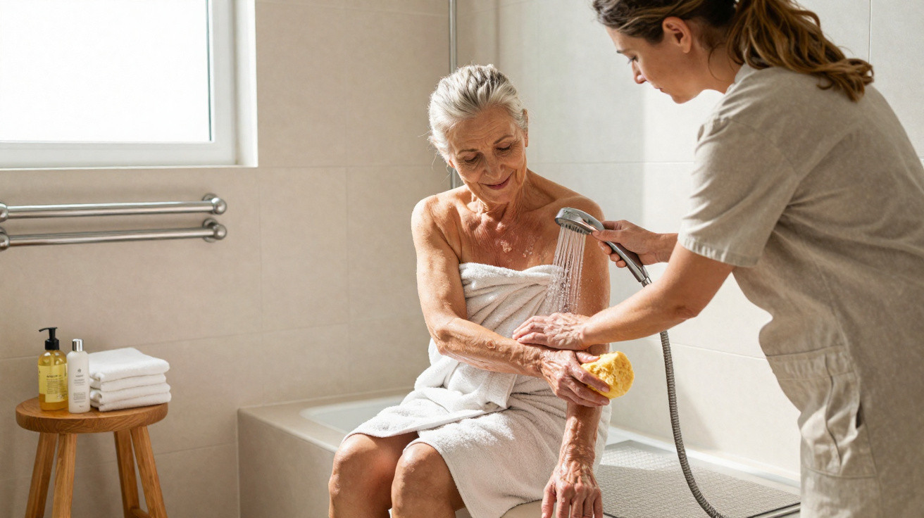 Young caregiver helping elderly woman wash her arm with handheld shower in bathroom.