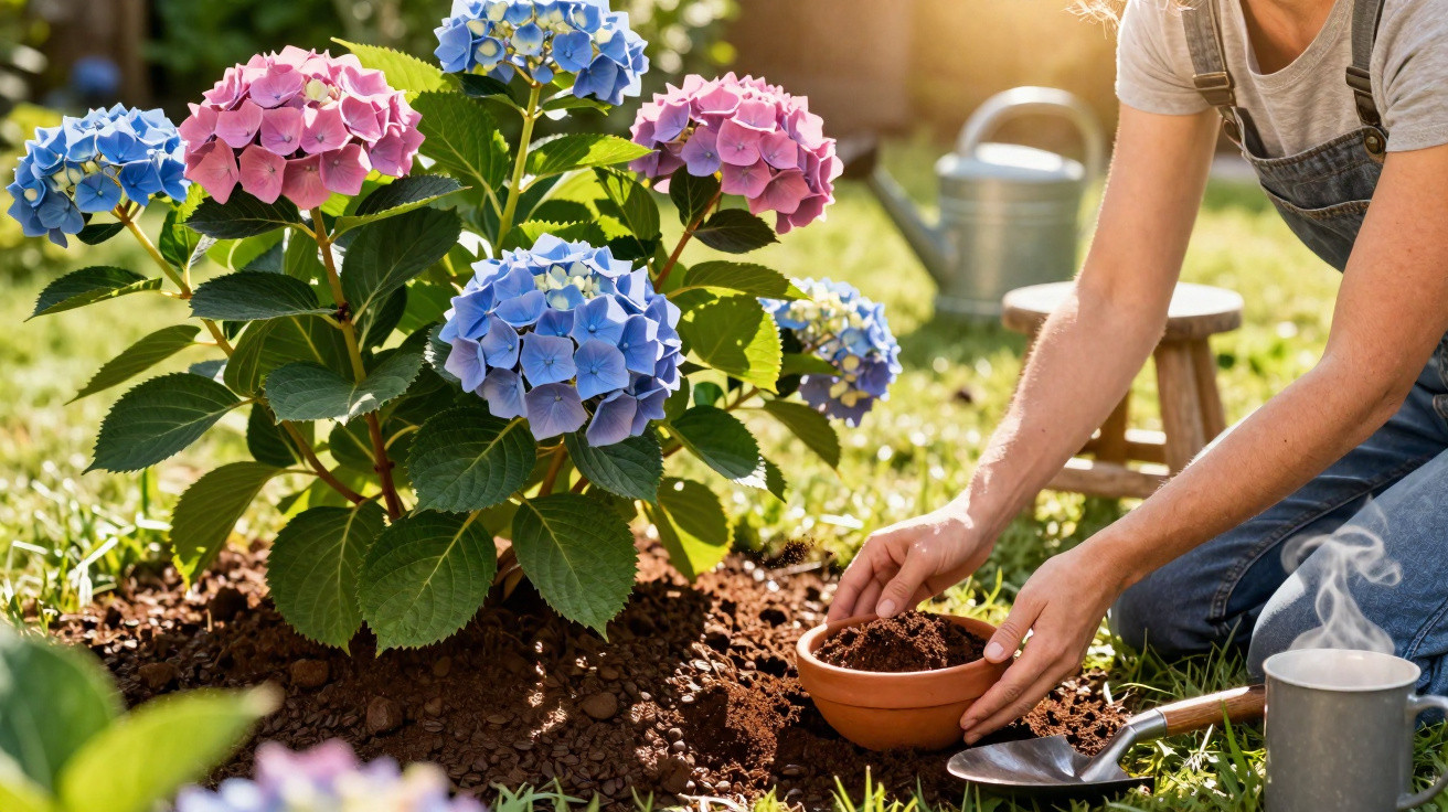 Person gardening with pink and blue hydrangeas, holding soil in a pot on a sunny day.