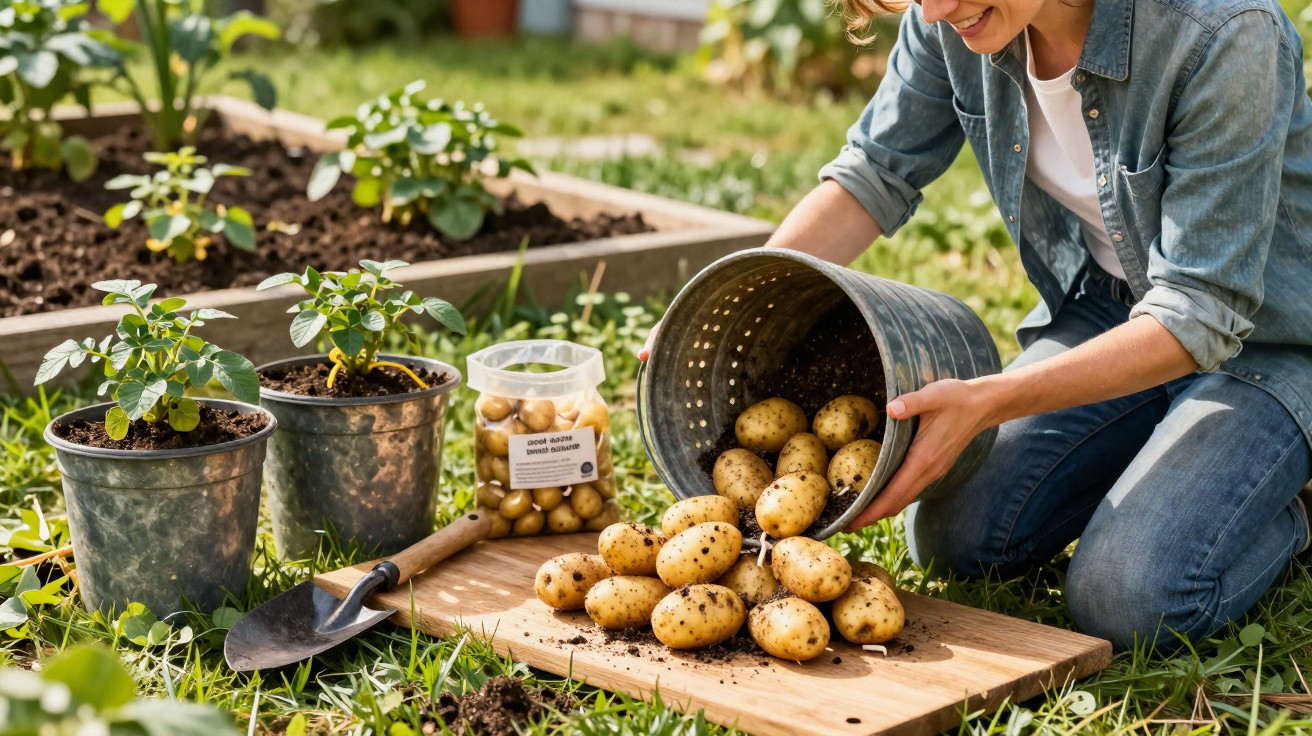 Person pouring freshly harvested potatoes from a metal bucket onto a wooden board in a garden.
