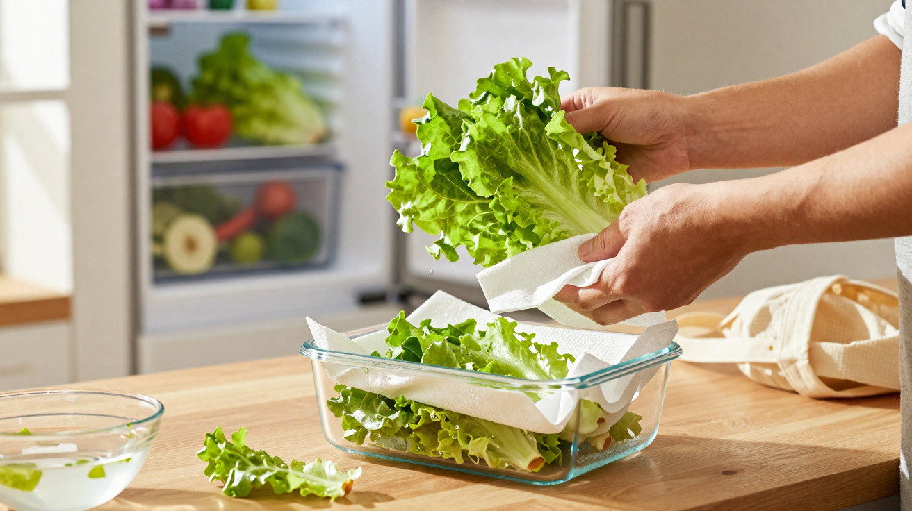 Person drying fresh green lettuce leaves over glass container on kitchen table.