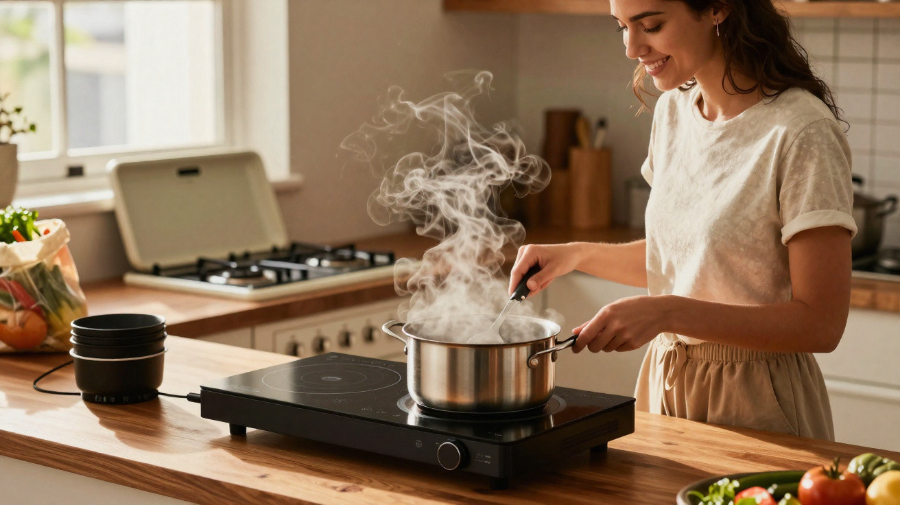 Woman stirring a steaming pot on a portable induction cooktop in a bright kitchen.