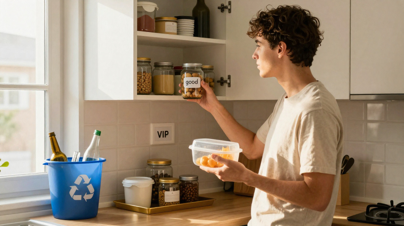 Young man organising jars in kitchen cupboard next to recycling bin and window light