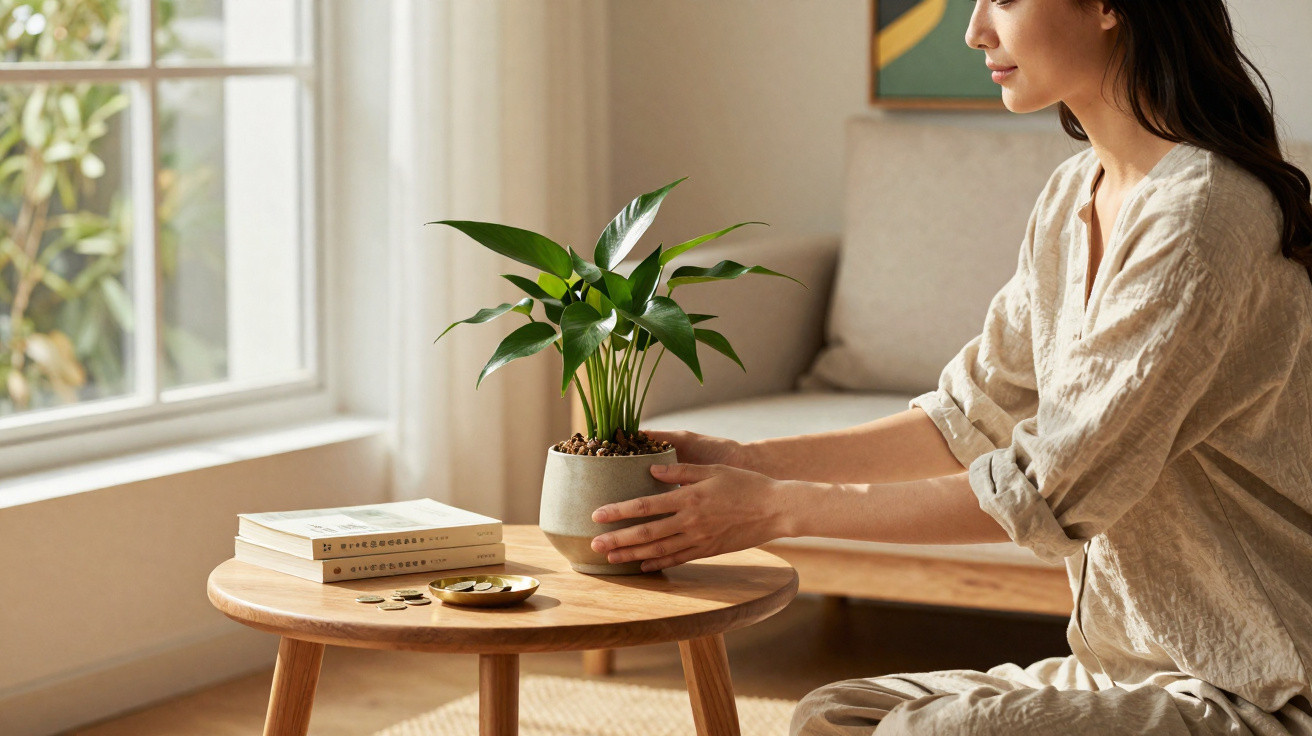 Woman placing a potted plant on a wooden table beside books and coins in a bright, cosy living room.
