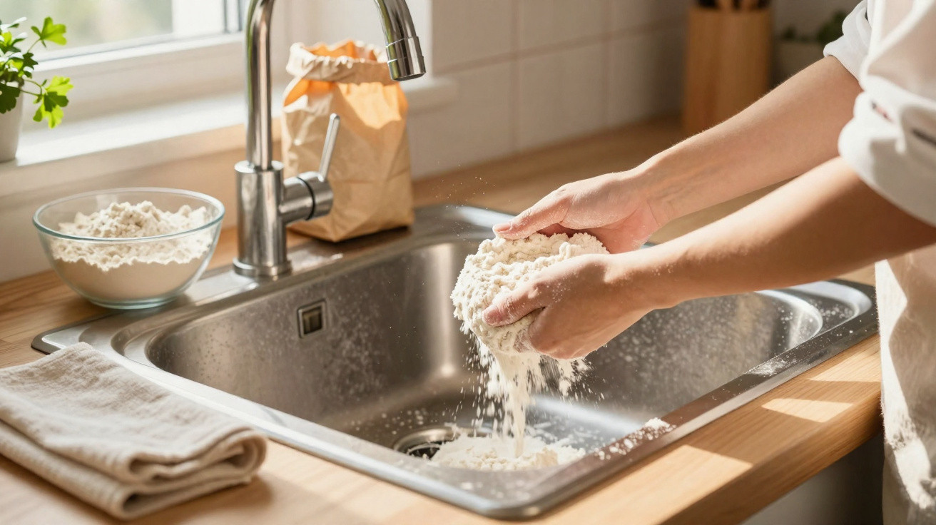Hands rinsing flour over a kitchen sink with natural light and baking ingredients nearby.