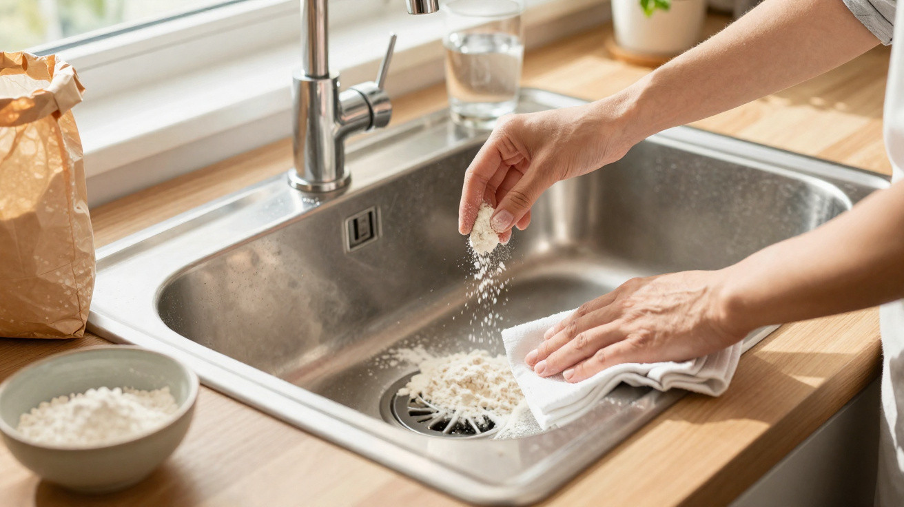 Person cleaning spilled flour from kitchen sink using a cloth and hands under natural daylight