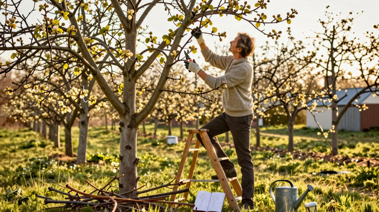 Person pruning blossoming fruit trees in an orchard at sunset using a wooden ladder and gloves.