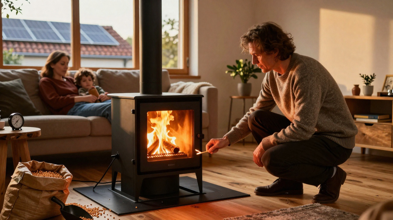 Man lighting a fire in a wood-burning stove while woman and child sit on a sofa in a cosy living room.