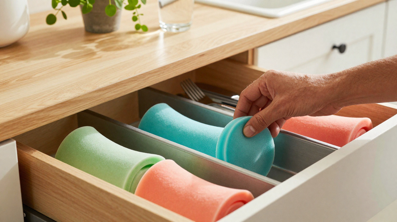 Hand placing a blue sponge in a wooden kitchen drawer organiser with colourful sponges and utensils.