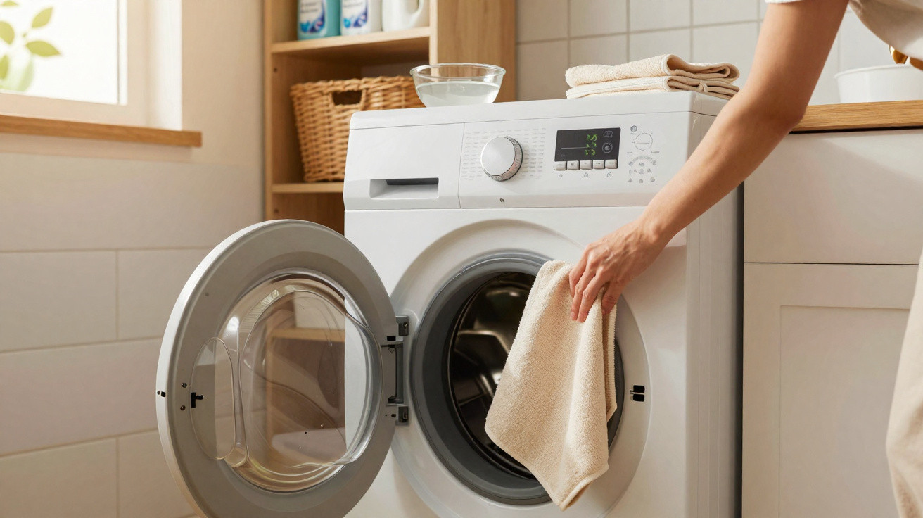 Person removing a beige towel from the open door of a white front-loading washing machine in a laundry room.