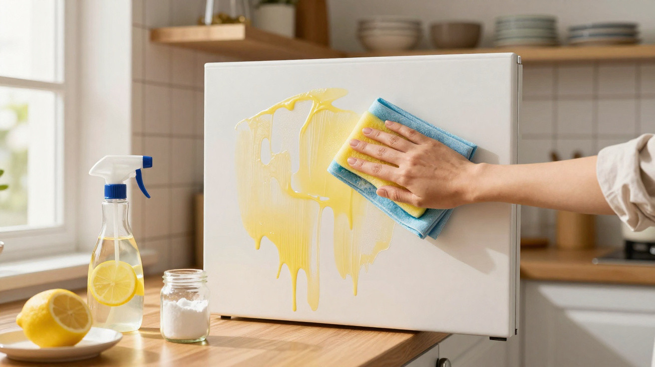 Hand cleaning a white microwave with a sponge and cloth in a kitchen with lemon cleaning spray nearby.