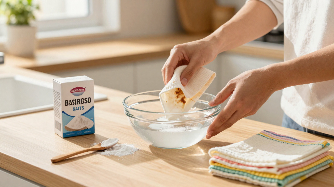 Person cleaning a stained cloth by soaking it in a bowl of water on a kitchen countertop.