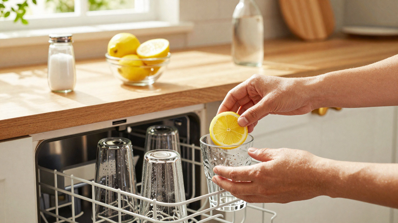 Hands placing a lemon slice into a clean glass taken from an open dishwasher in a sunlit kitchen.