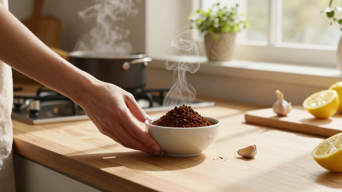 Hand holding a bowl of steaming ground coffee on a wooden kitchen table with lemon and garlic nearby.
