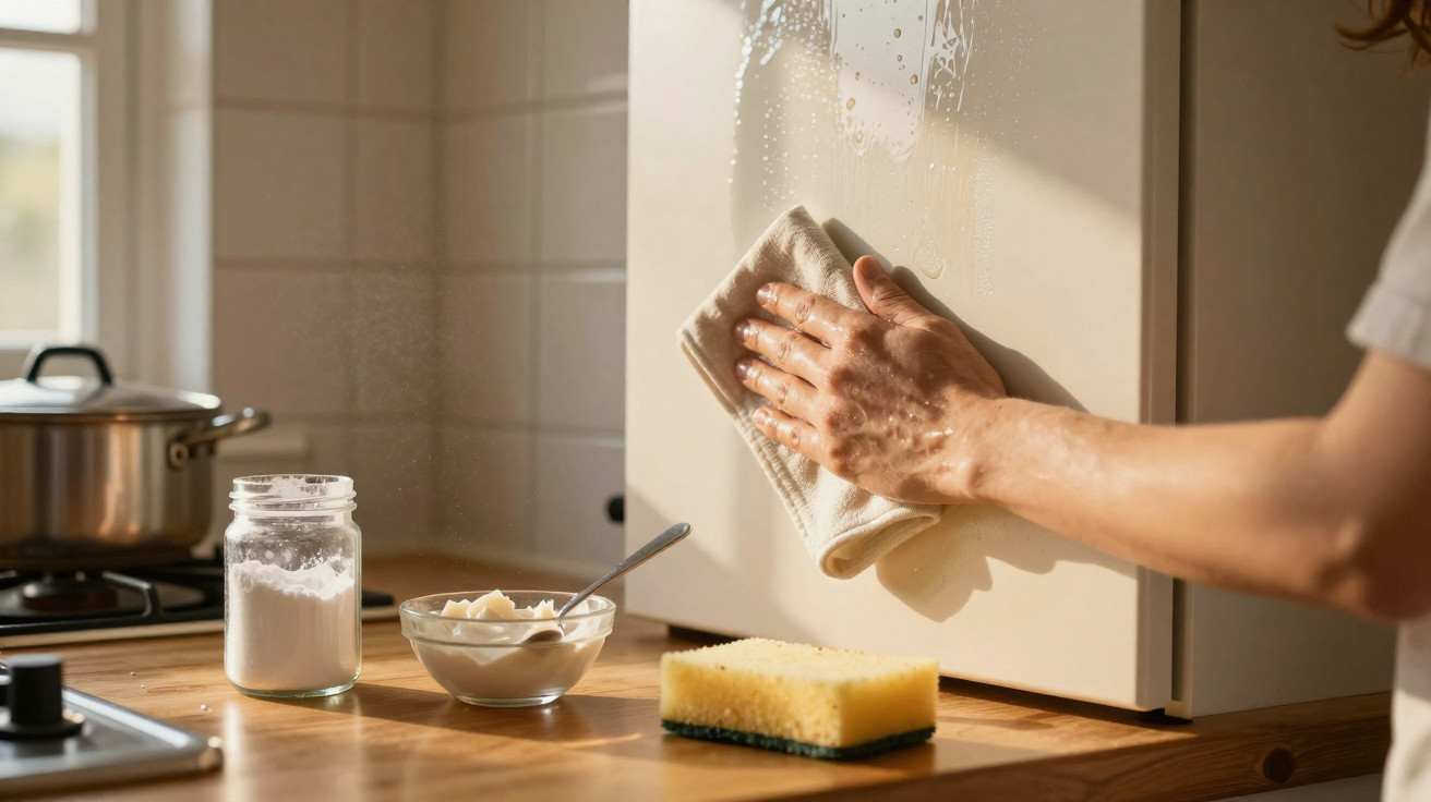 Person cleaning kitchen cupboard door with cloth, sponge, and cleaning supplies on wooden countertop.