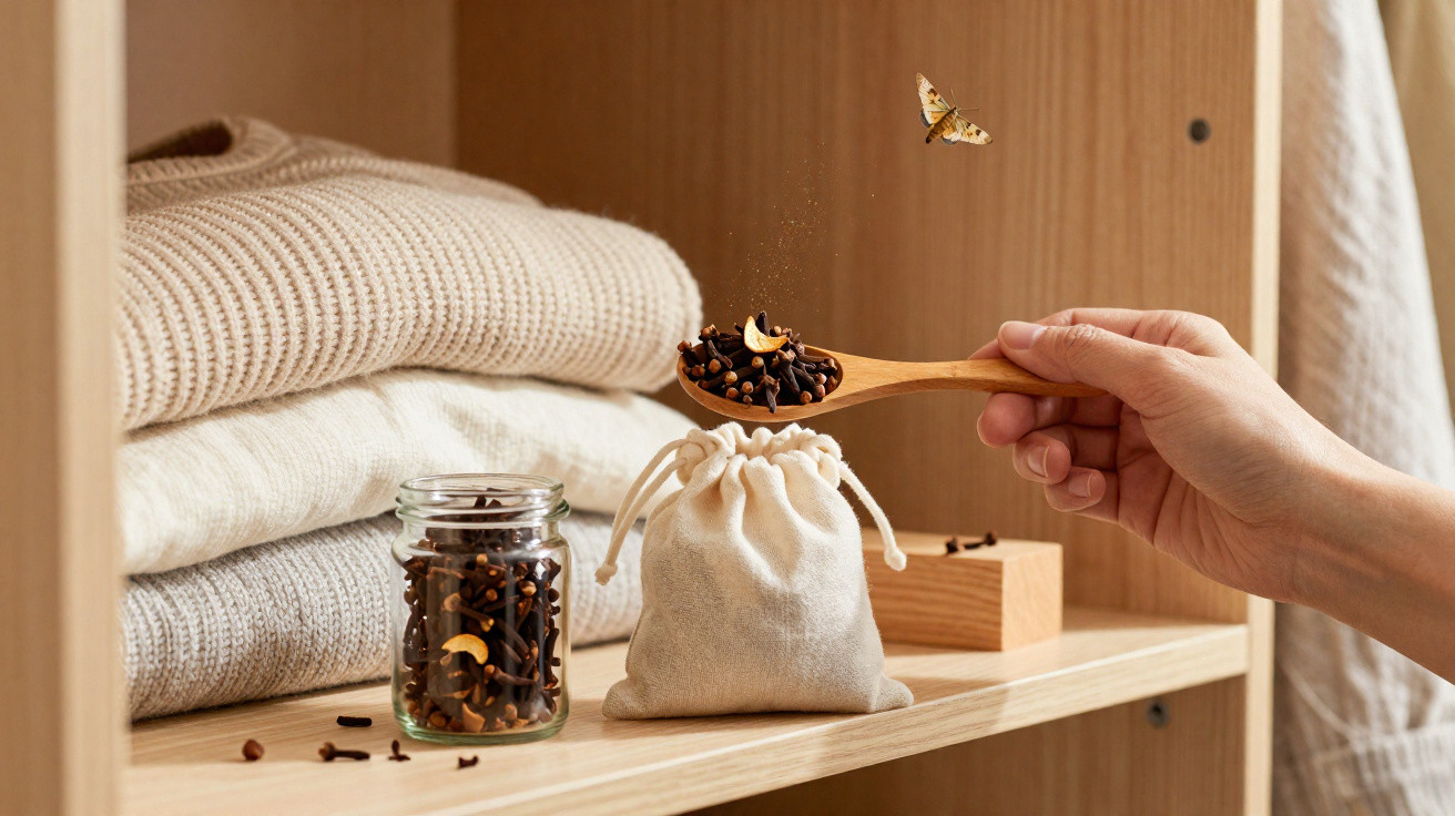 Hand holding wooden spoon filling a cloth pouch with cloves on a wooden shelf beside folded clothes and a glass jar.