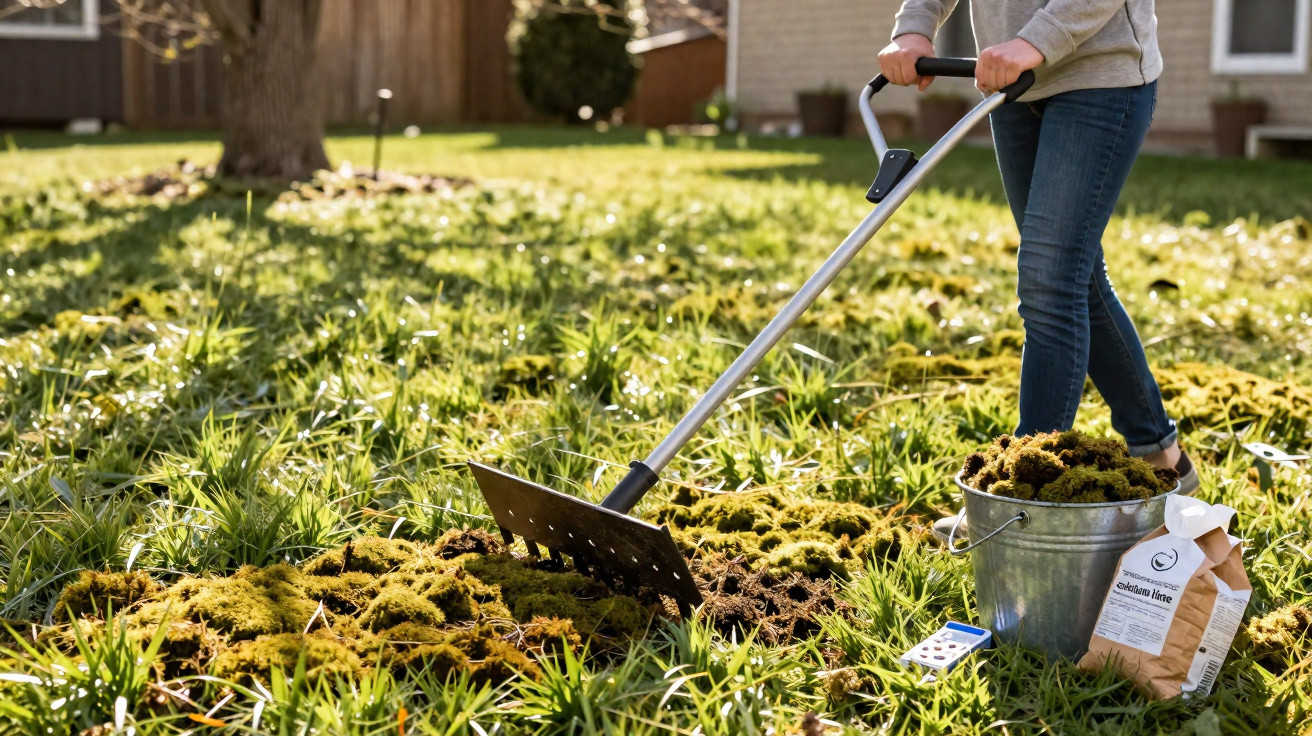 Person using a garden dethatcher on a grassy lawn with a bucket of moss and lawn care products nearby.