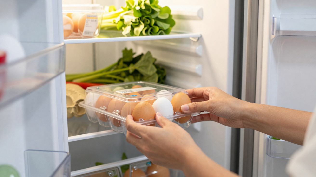 Person placing a carton of brown and white eggs into a refrigerator with vegetables inside.