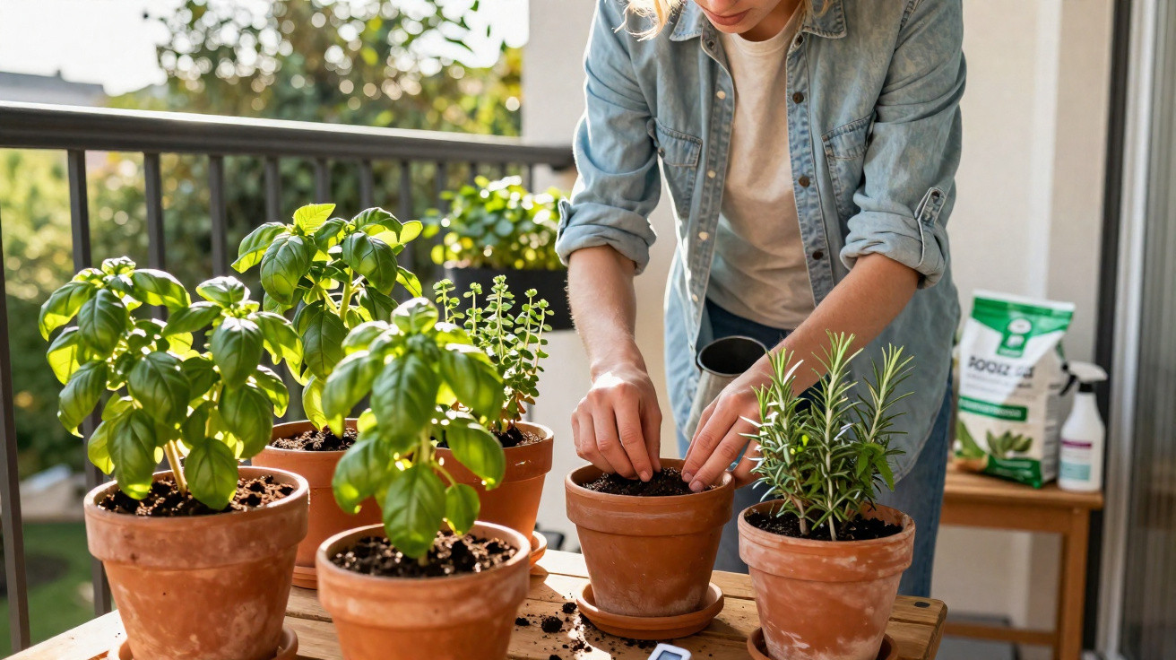 Person planting seeds in terracotta pots with basil and rosemary herbs on a wooden table outdoors.