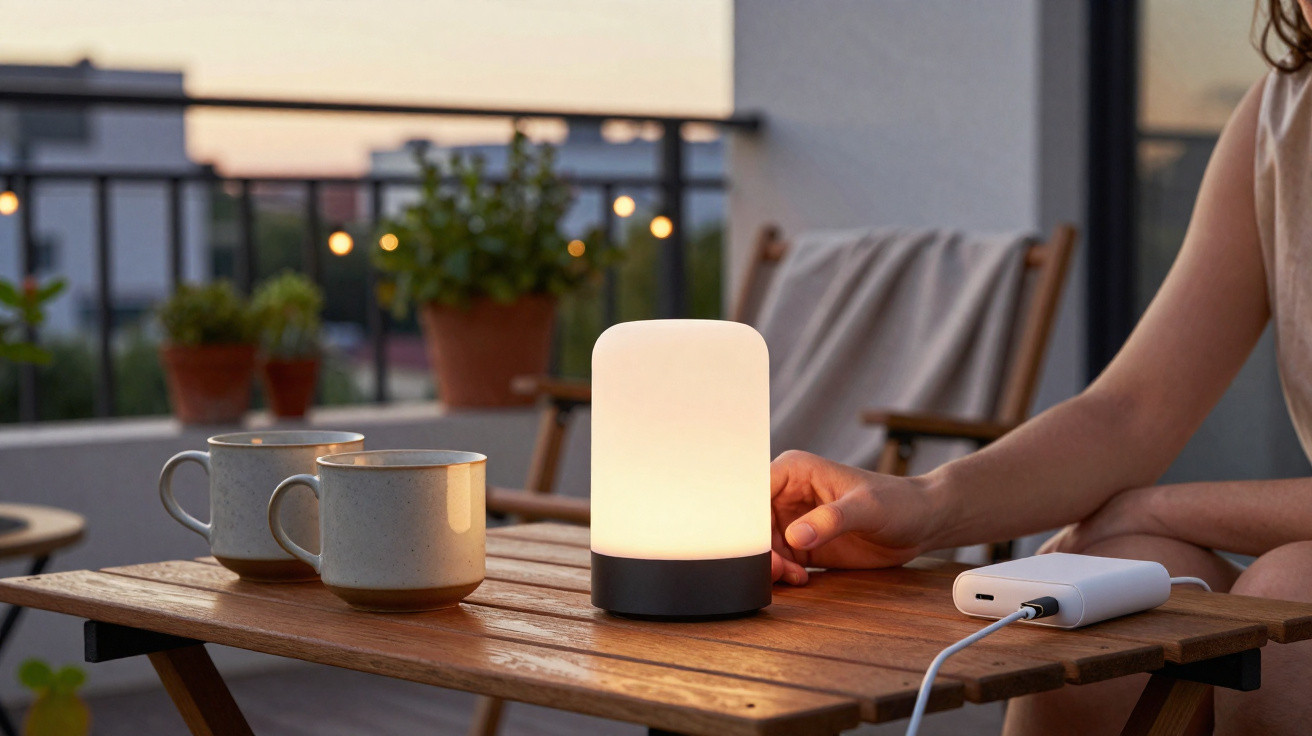 Person sitting at a wooden table on a balcony with a glowing lamp, two mugs, and a power bank connected by a cable.