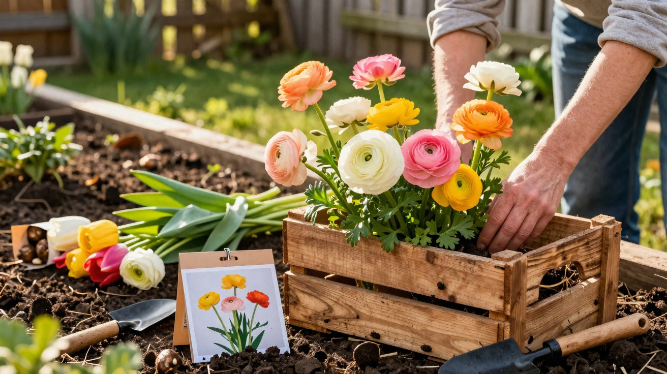 Person planting colourful ranunculus flowers in a wooden crate in a garden bed outdoors.