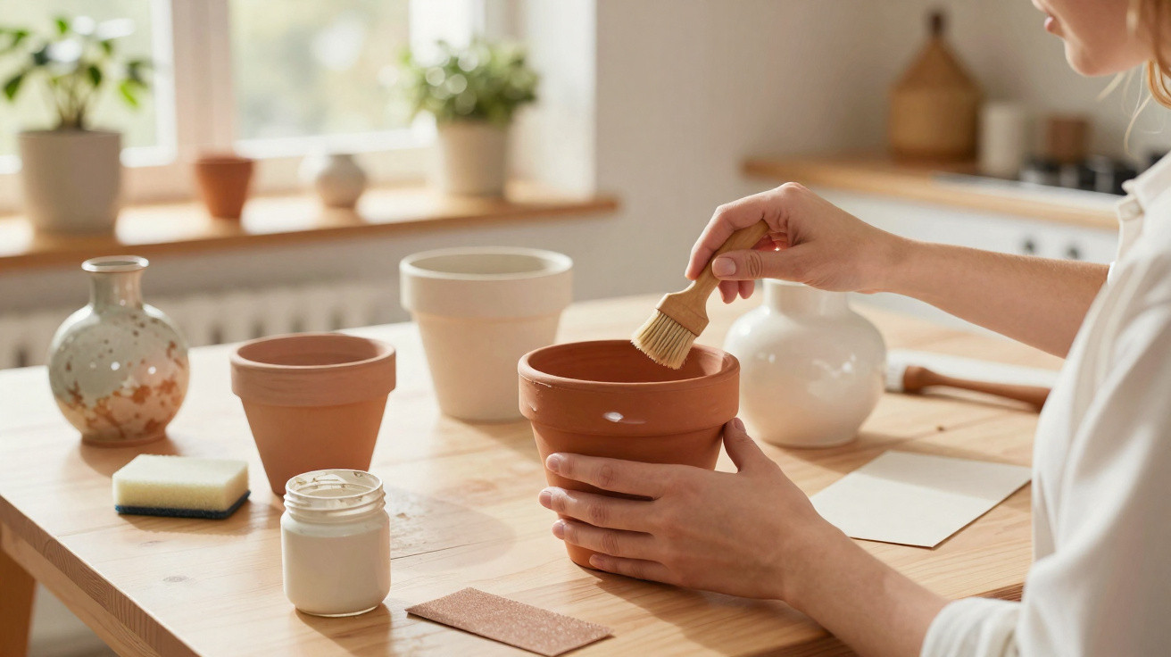 Person painting terracotta pot with brush on wooden table with gardening supplies in bright room