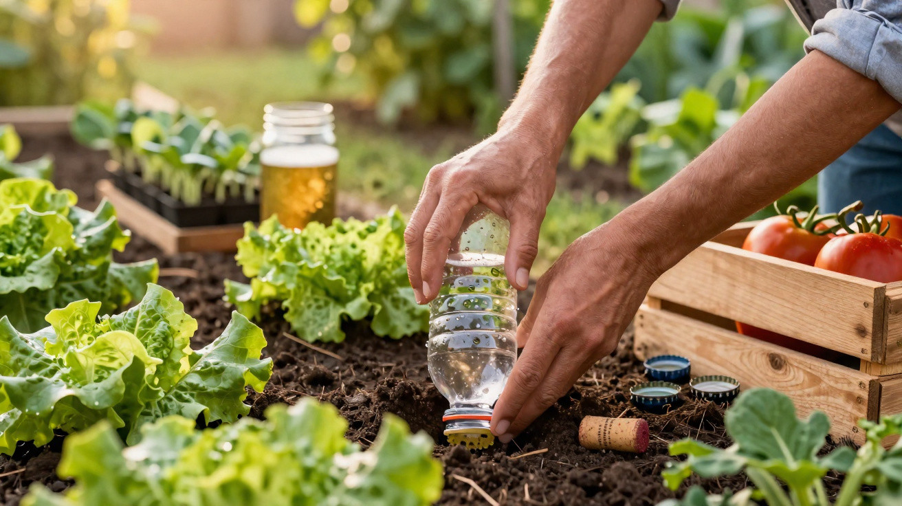 Person watering young lettuce plants in a garden using a recycled plastic bottle with holes in its cap.