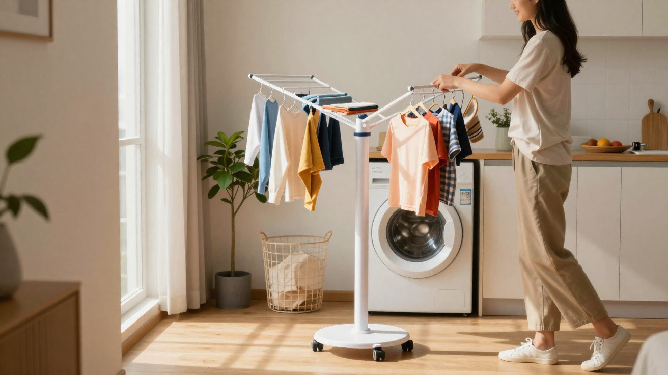 Woman hanging colourful clothes on a modern indoor drying rack in a bright kitchen with a washing machine.