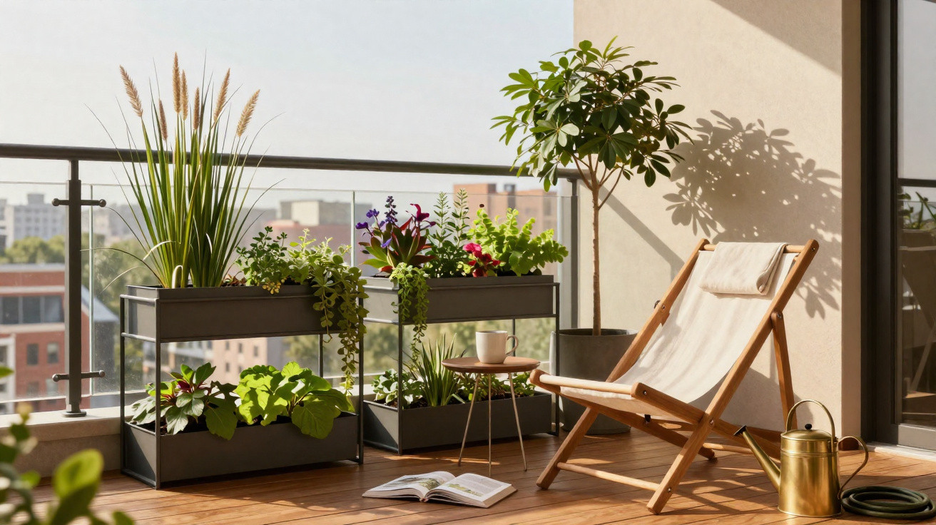 Balcony garden with plants in planters, a deck chair, small table, watering can, and a book on wooden floor.