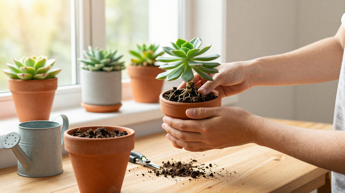 Hands holding a potted succulent plant with gardening tools and pots on a wooden table by a window.