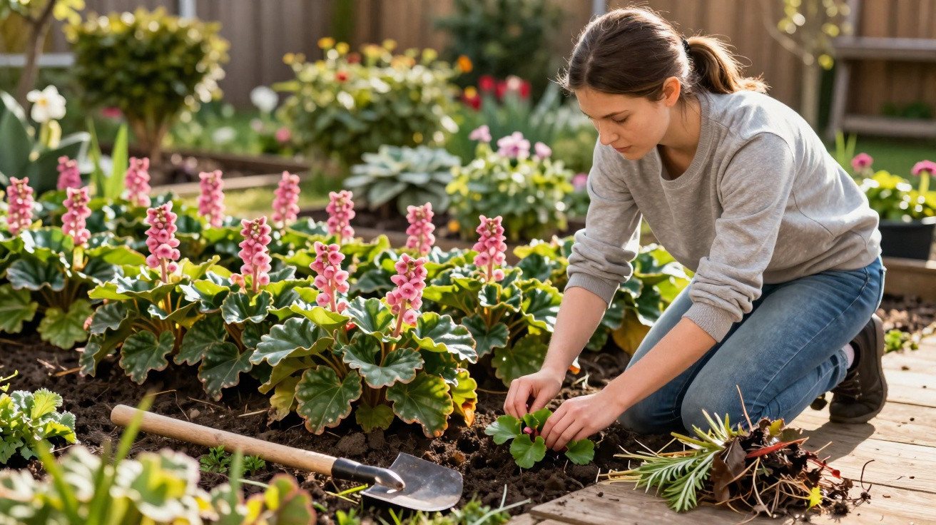 Woman kneeling and planting flowers in a garden bed beside a wooden path on a sunny day.