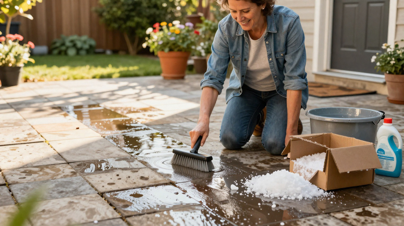 Woman kneeling outdoors cleaning wet tiled patio with brush, surrounded by cleaning supplies and a box of white pellets.