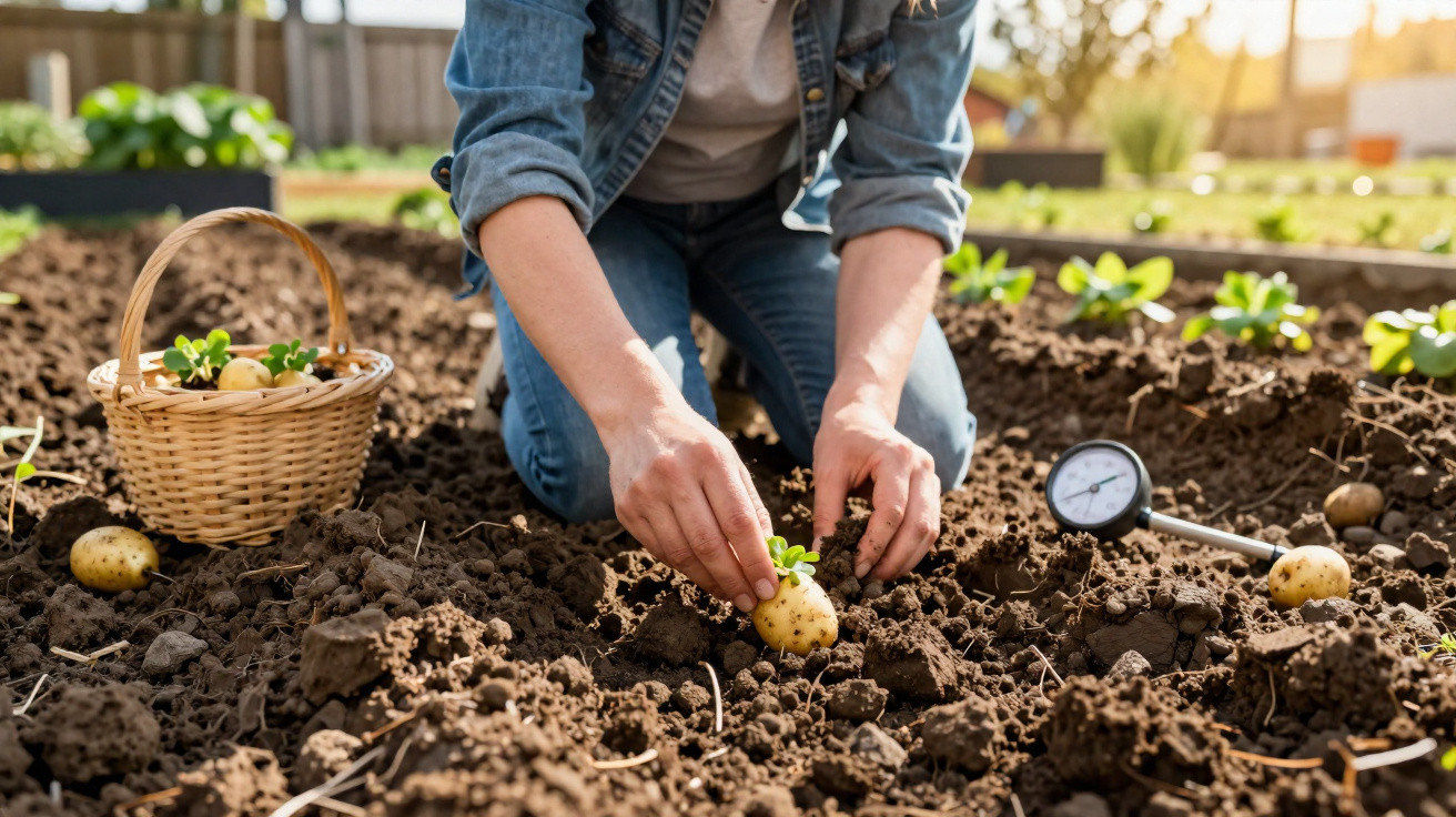 Person planting sprouted potatoes in soil with a basket of potatoes and a soil thermometer nearby in garden.