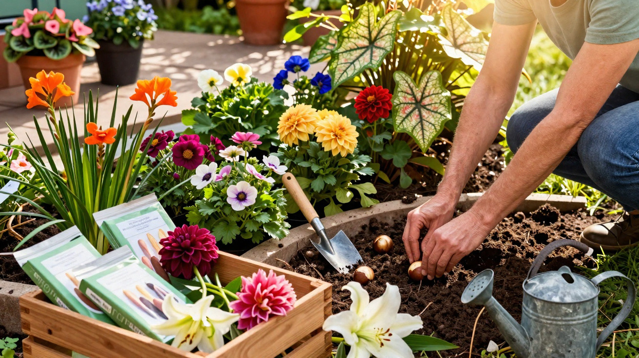 Person planting flower bulbs in garden bed surrounded by colourful flowers and gardening tools.