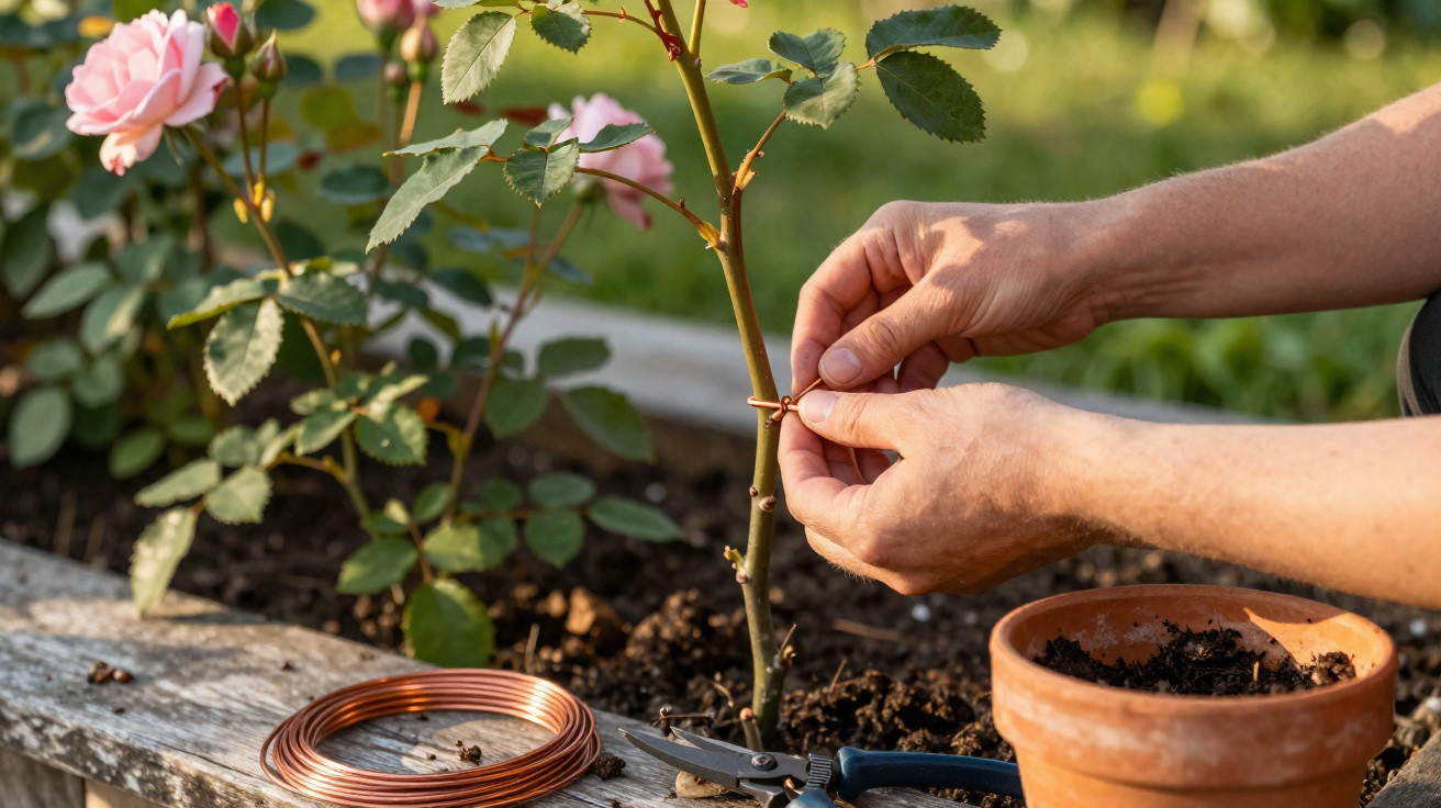 Hands tying a young rose plant to a stake with copper wire in a garden bed next to gardening tools.