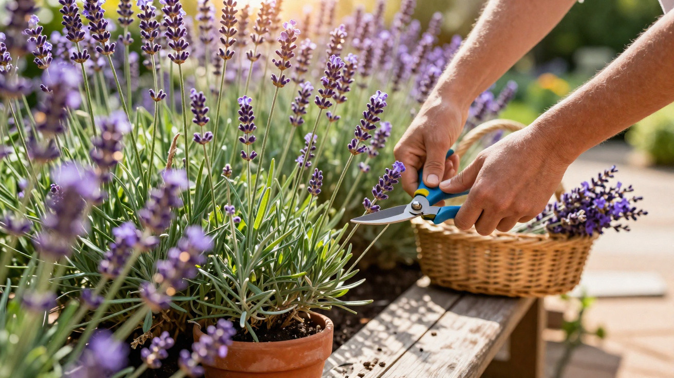 Hands cutting lavender from a potted plant with gardening shears, a basket filled with cut lavender nearby.