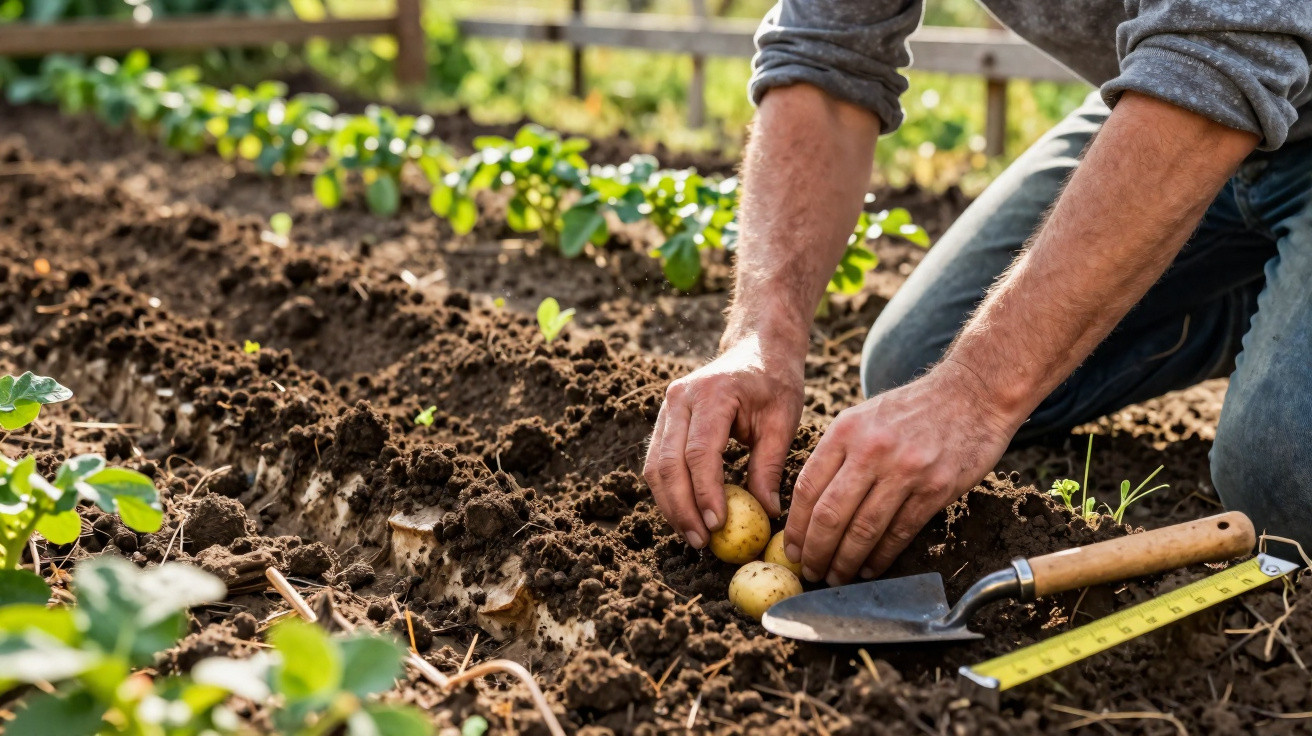 Person planting small potatoes in soil with trowel and measuring tape nearby in a garden patch.