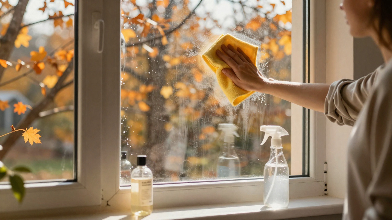 Person cleaning a window with a yellow cloth and spray bottle, autumn leaves visible outside.