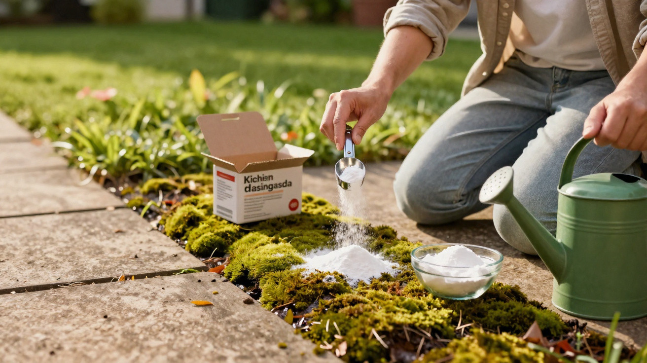 Person sprinkling baking soda on moss in garden bed beside green watering can and open box on paved path.