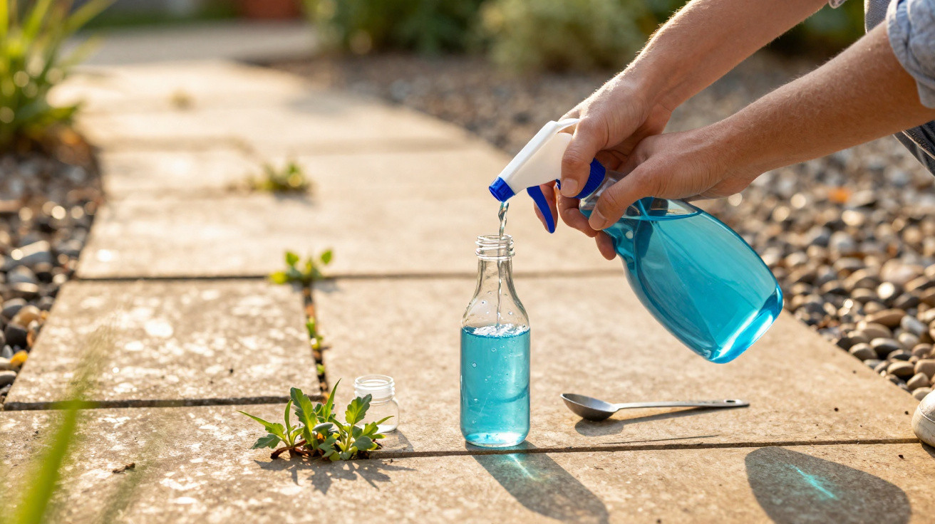 Hand pouring blue liquid from a spray bottle into a glass bottle on a sunlit garden pathway.