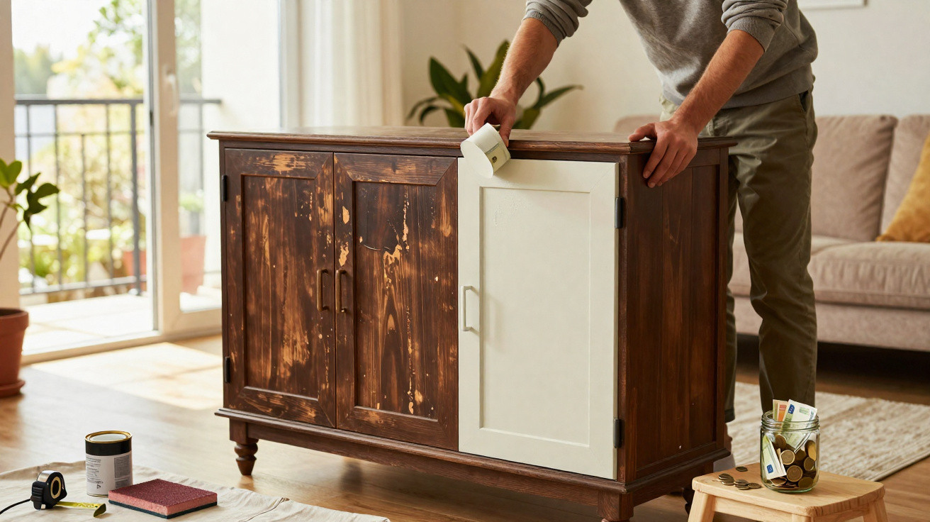 Person painting a wooden cabinet door white in a sunlit living room.