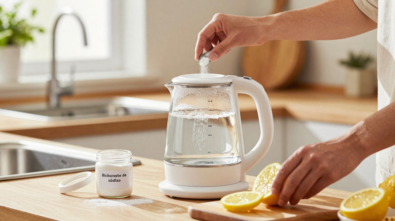 Person adding baking soda to an electric kettle filled with water beside sliced lemons on a kitchen counter