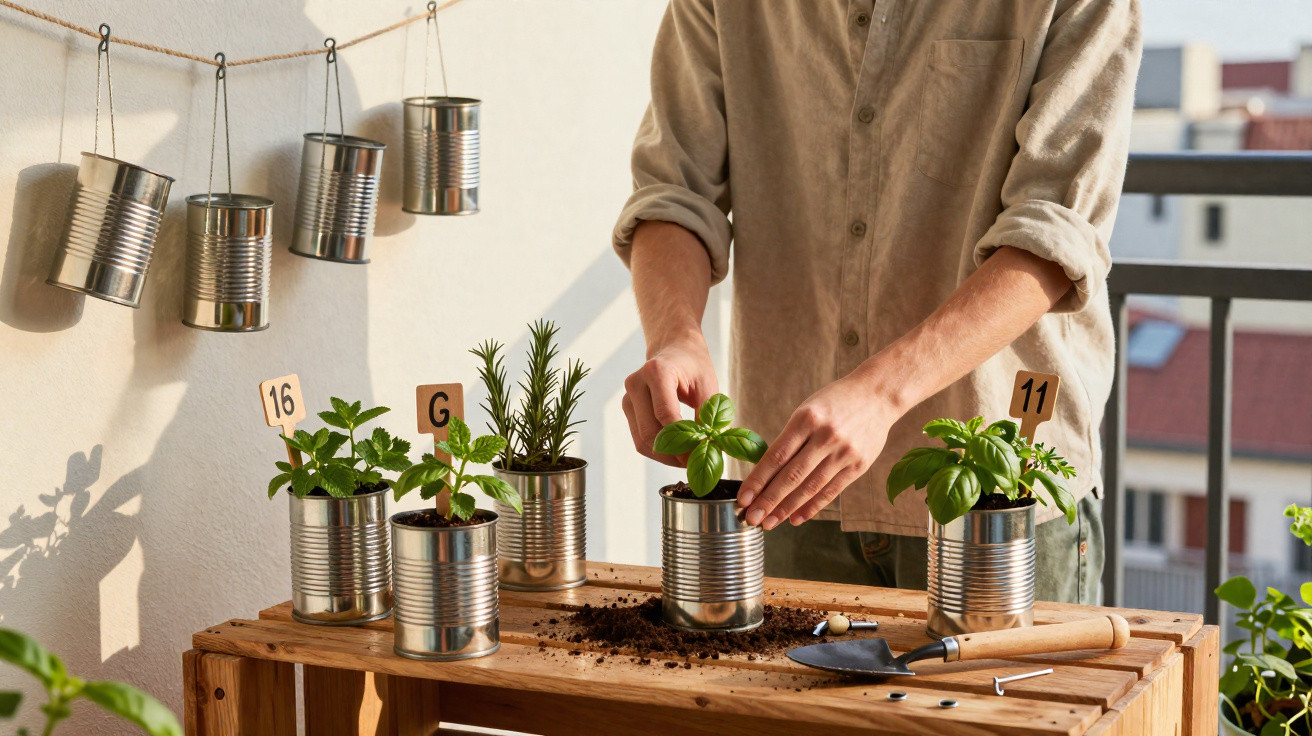 Person tending basil and other herbs growing in tin cans on a wooden table on a balcony.