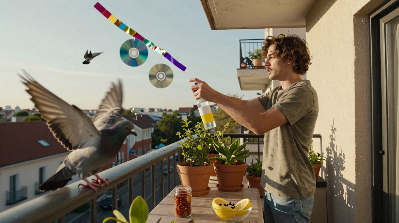Man sprays water on balcony plants while pigeons fly and perch on railing early morning sunlight.